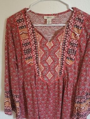 Style & Co. Red Patterned Boho V-Neck Tunic